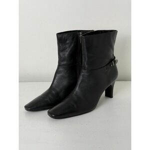 Black Leather Square Toe Heeled Ankle Boots Women Side Zip Buckle‎ Detail